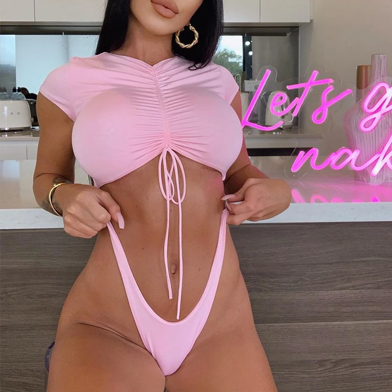Женское розовое однотонное пикантное бикини купальник стринги женский милый