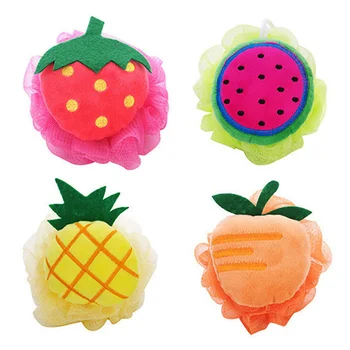

4pcs Colors Fruit Shaped Soft Bath Ball Cute Mesh Sponge Mesh Pouf Shower Ball (Pineapple + watermelon + mango + strawberry)