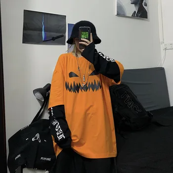 

Korean version of INS Harajuku wind net red top dark Department funny pumpkin printing fake two loose long sleeve T-shirt women