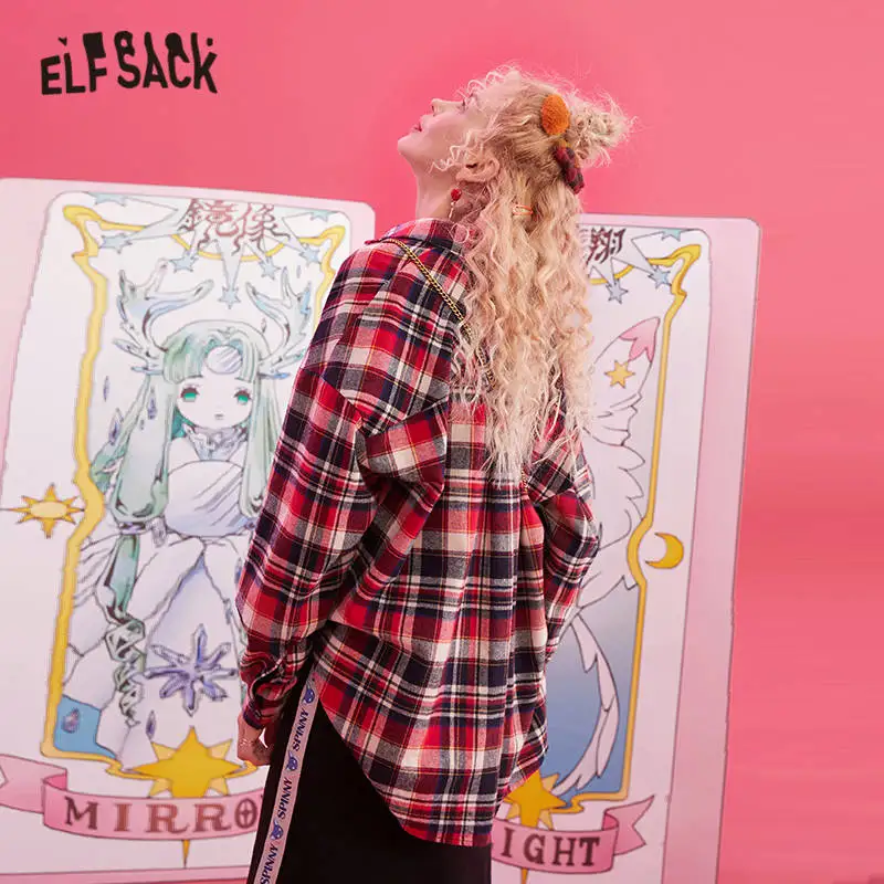ELFSACK, красная, клетчатая, с мультяшной аппликацией, Brit graphics, Повседневная блуза для женщин, зима, с одной пуговицей, с длинным рукавом, женские топы на каждый день