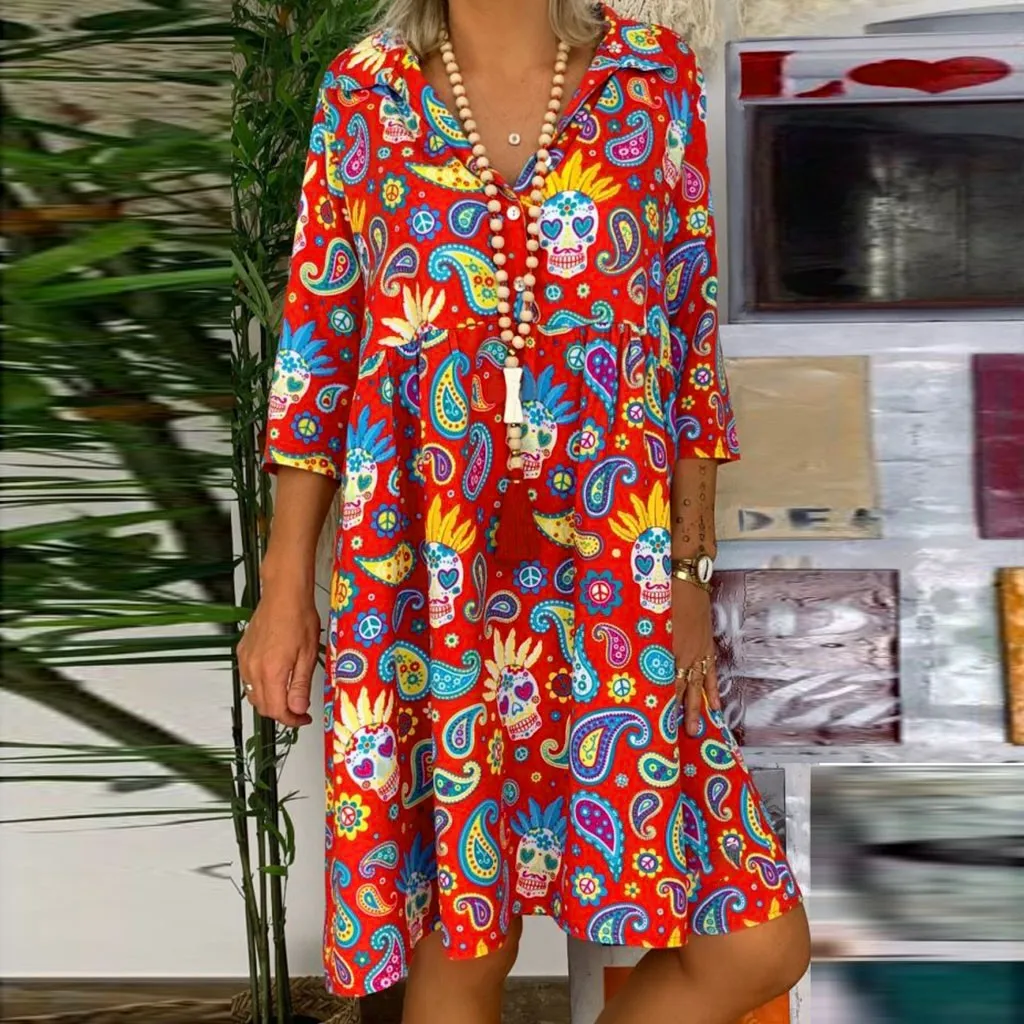 Горячая Распродажа, женское летнее пляжное платье в стиле бохо, Модные Вечерние Платья с цветочным рисунком, Мини Сарафан, наряды размера плюс S-5XL