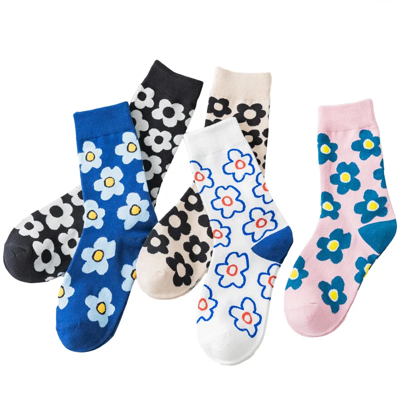 Fashion Women\'S Socks Korea Style Flower Pattern Print Socks Ins Style Short Sock Women Autumn Winter Cute Streetwear Sox Girls