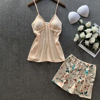 

Women Pajama Suit Young Girl Two Piece Sets Vest+Shorts Home Indoor Wear Pullover Floral Print Simple Casual Set 2020 Summer