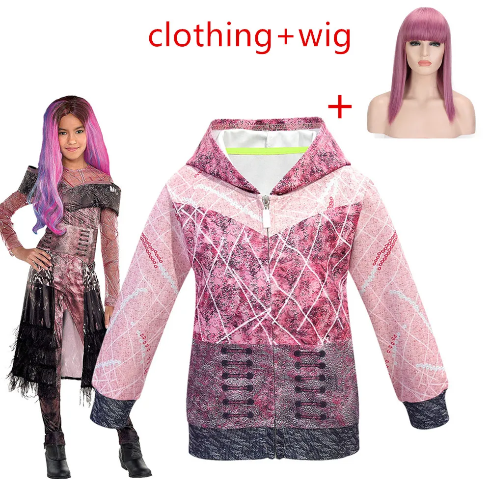 0964-wig Descendants 3 mal Halloween Costume for Kids Baby Girls Sweatshirts Winter Spring Autumn Child Hoodies Long Sleeves Sweater+wig - Цвет: 0964-wig