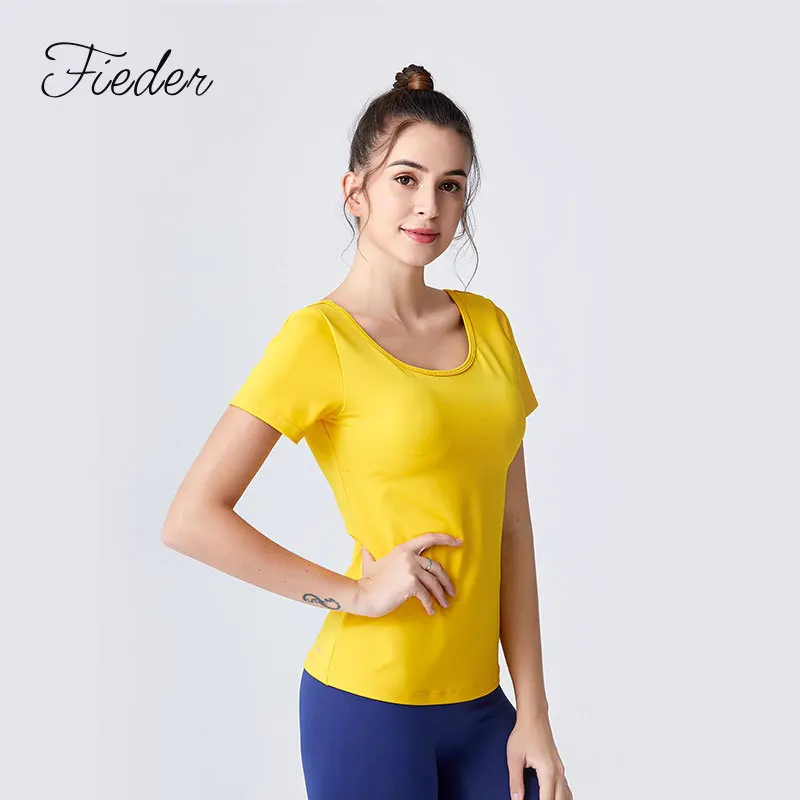 

2019 Spring Summer Yoga Clothes Short-sleeved Top Cross Hollow out Slim Fit Sports Fitting T-shirt Women's