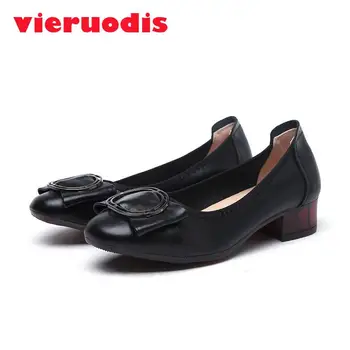 

Spring Fashion Genuine Leather Pumps Women Shoes Autumn Med Heel Metal Round Buckle Pointed Toe Office Shoes Women 2020