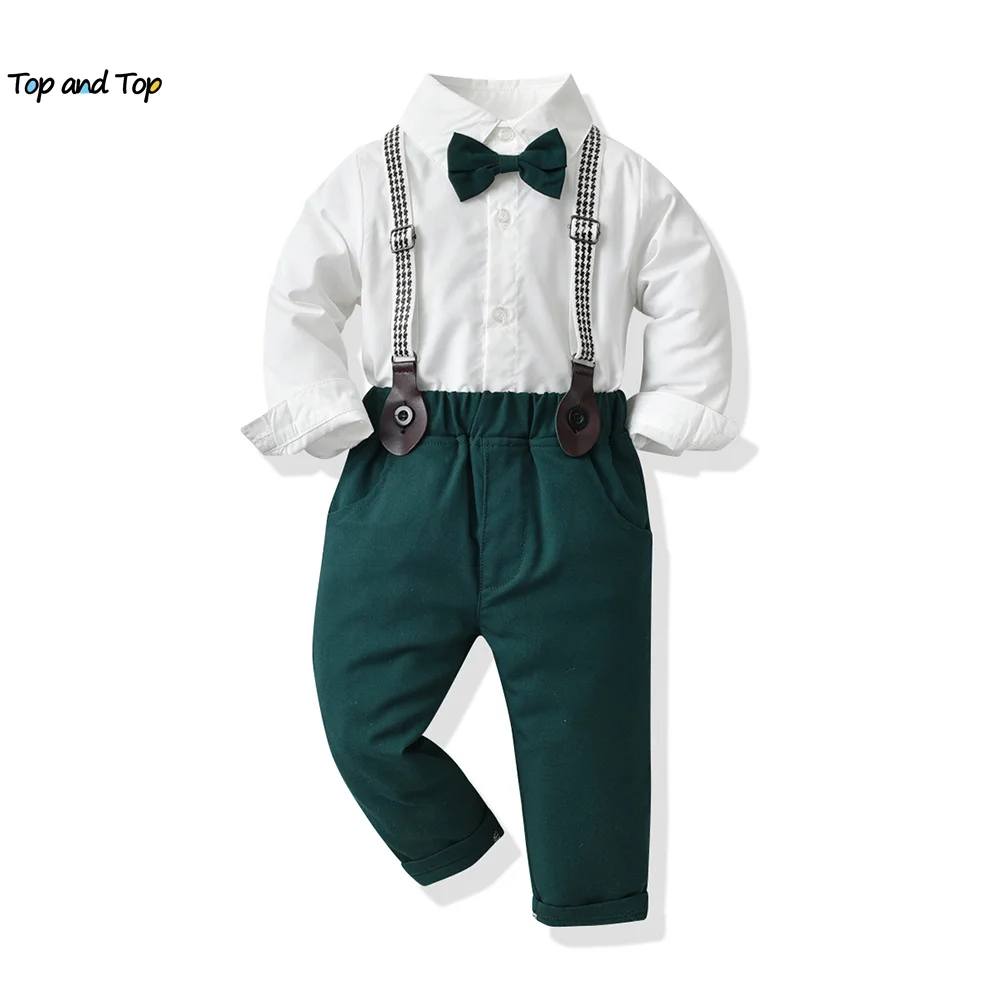 

top and top Children Boys Formal Clothing Set Toddler Boy Gentleman Long Sleeve White Shirt+Suspenders Pants Clothes Outfits