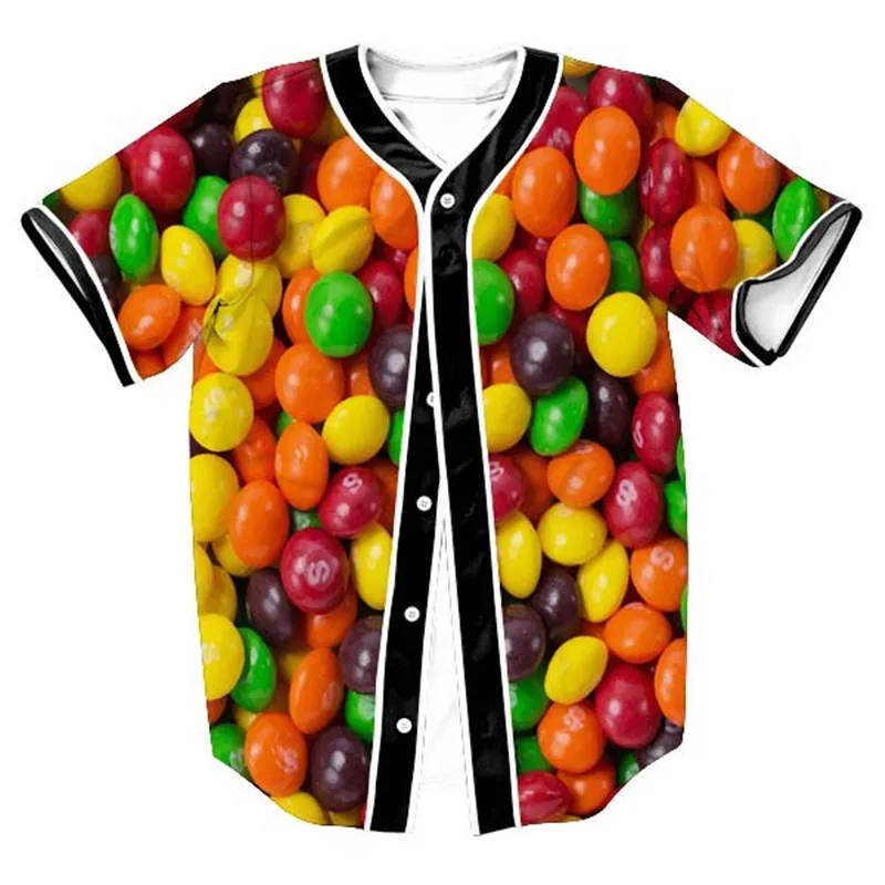 

New Mens Hipster Hiphop Button-Down Baseball Jersey Short Sleeve Shirt Funny 3D Candy Print Summer Top T-shirt Camisetas Hombre