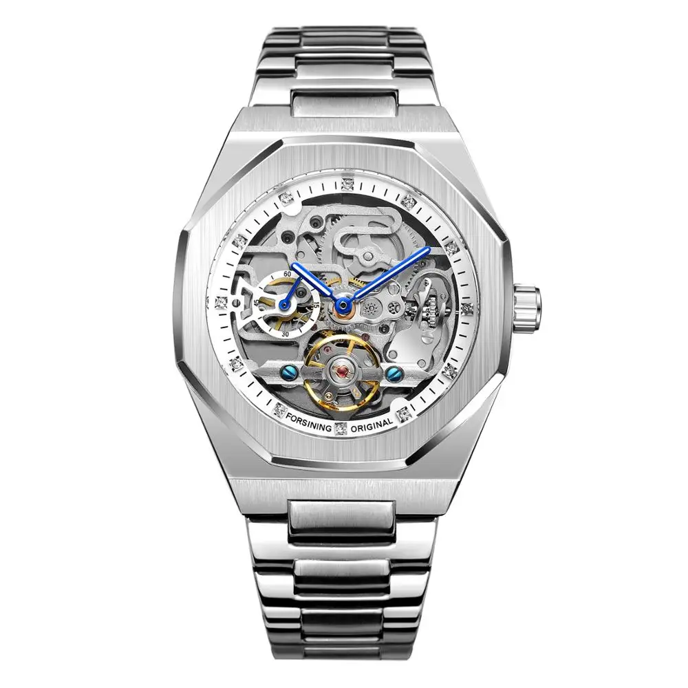 Mechanical Watch Forsining Fashion Silver Mens Watches Automatic Mechanical Stainless Steel Fashion Business Skeleton Wristwatch Mechanical Watch