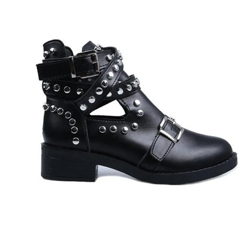 Women Black Ankle Boots Buckle Strap Rivet Shoes Female Pu Leather