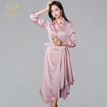 

H Han Queen Women's New Shirt Dress Draped Single-breasted Dresses OL Elegant High Waist Irregular Work Wear Business Vestidos