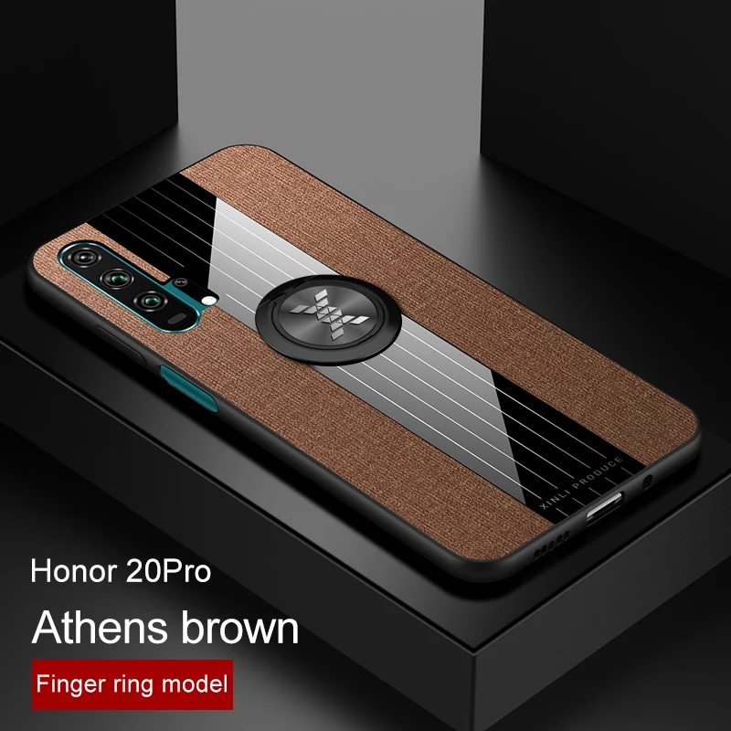 Чехол для huawei honor 20 Pro, роскошная жесткая ткань с кольцом, магнитный штатив, тонкая защитная задняя крышка для huawei honor 20 20pro honor 20 - Color: brown case and ring