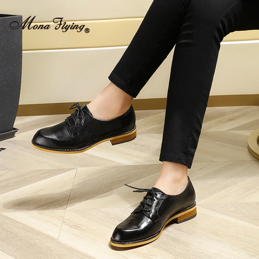 Mona Flying Women Genuine Leather Solid Oxfords Saddle Derby Handmade Comfort Flats Lace up Shoes for Work Office Ladies FLX20-1