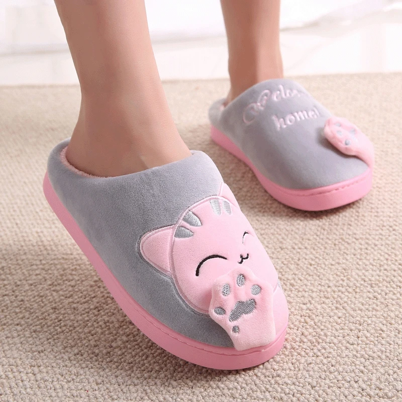

HEFLASHOR Women Winter Home Slippers Cartoon Cat Shoes Non-slip Soft Winter Warm House Slippers Indoor Bedroom Couples Floor
