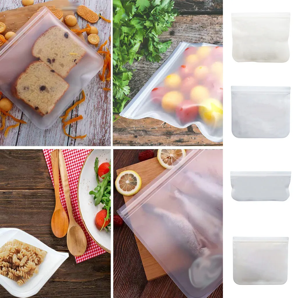 Силиконовая сумка для хранения еды, многоразовая сумка-Морозильник с молнией, герметичная коробка для завтрака с фруктами, кухонный органайзер, FDA BPA Free, 4 типа