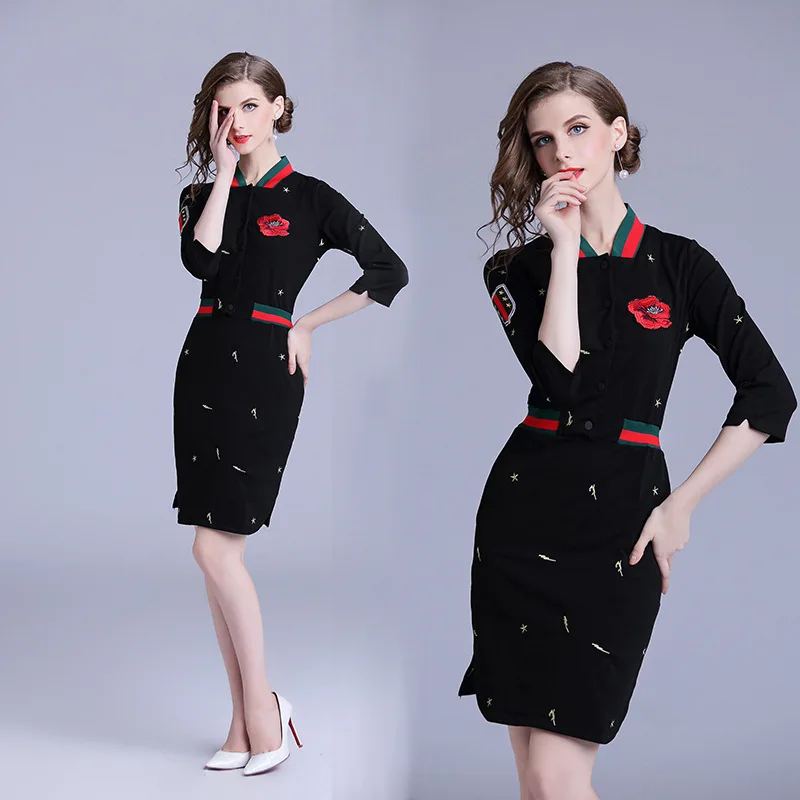 

2018 Early Autumn Europe And America Women's Dress New Style Industrial Embroidery Contrast Color Waist Hugging Slit Casual Base