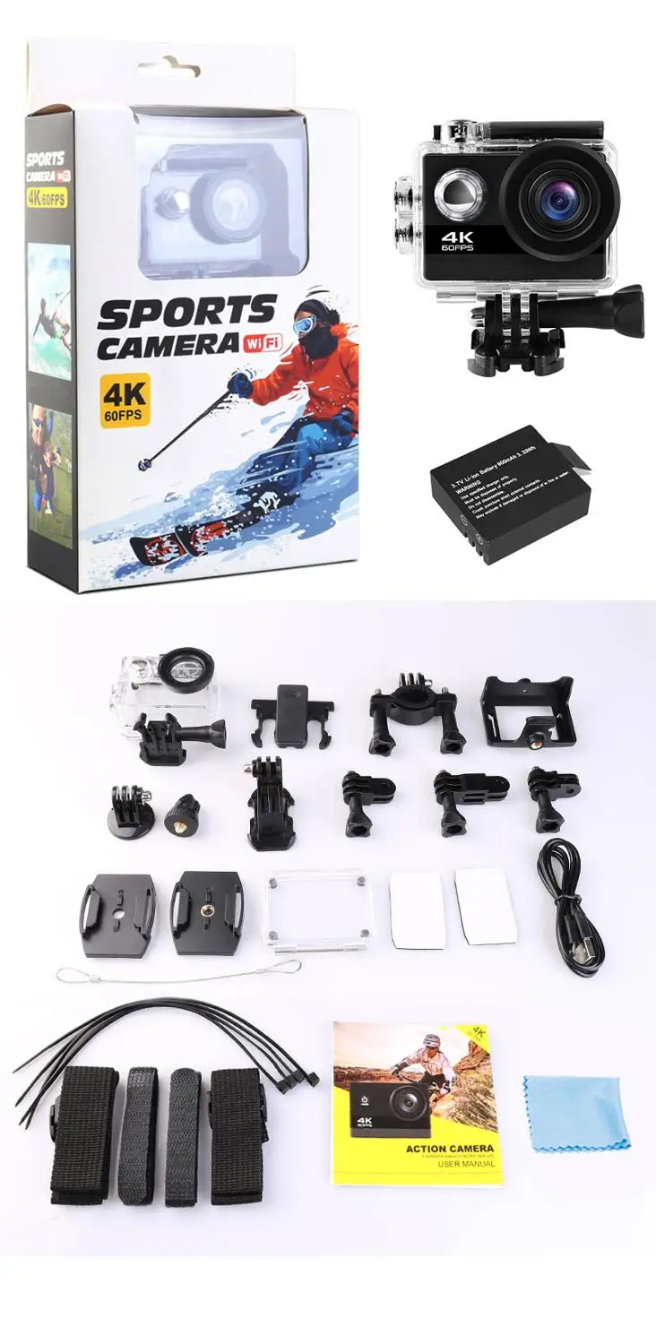 24MP Wifi Экшн-камера Ultra HD 4K 60fps 2,0 ''ips экран Спортивная камера 170D подводная Go Водонепроницаемая профессиональная спортивная DV DVR камера - Цвет: Черный