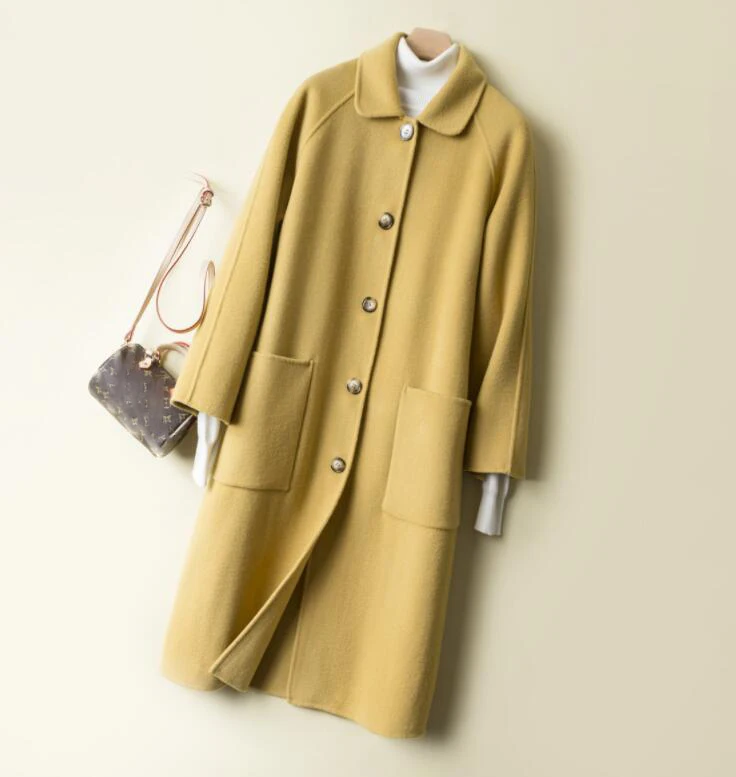 Mango yellow Корейское шерстяное пальто женское осенне-зимнее двустороннее кашемировое пальто свободная однотонная женская верхняя одежда Высокое качество Женское пальто - Цвет: Mango yellow