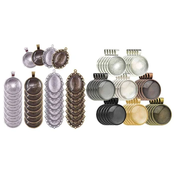 

16Pcs Oval Pendant Trays and 16Pcs Round Bezels with 32Pcs Glass Cabochon Round Clear Dome Tiles & 40 Piece Pendant Trays with a