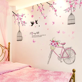 

[SHIJUEHEZI] Cherry Blossoms Wall Stickers DIY Birdcage Bicycle Flowers Wall Decals for House Living Room Bedroom Decoration