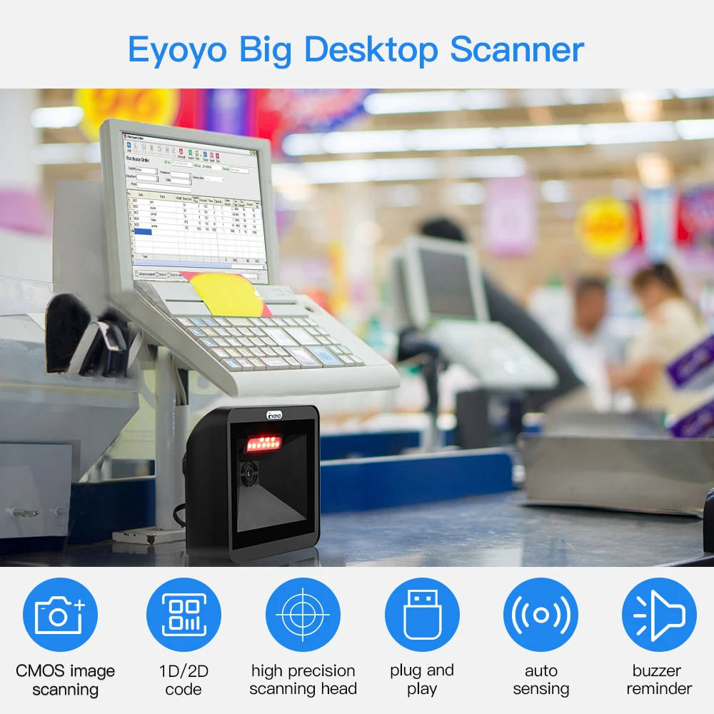 Eyoyo 2D Desktop Barcode Scanner, Omnidirectional Hands-Free Wired USB Big Barcode Reader 1D QR Screen Barcodes Scanning Scanner best scanner