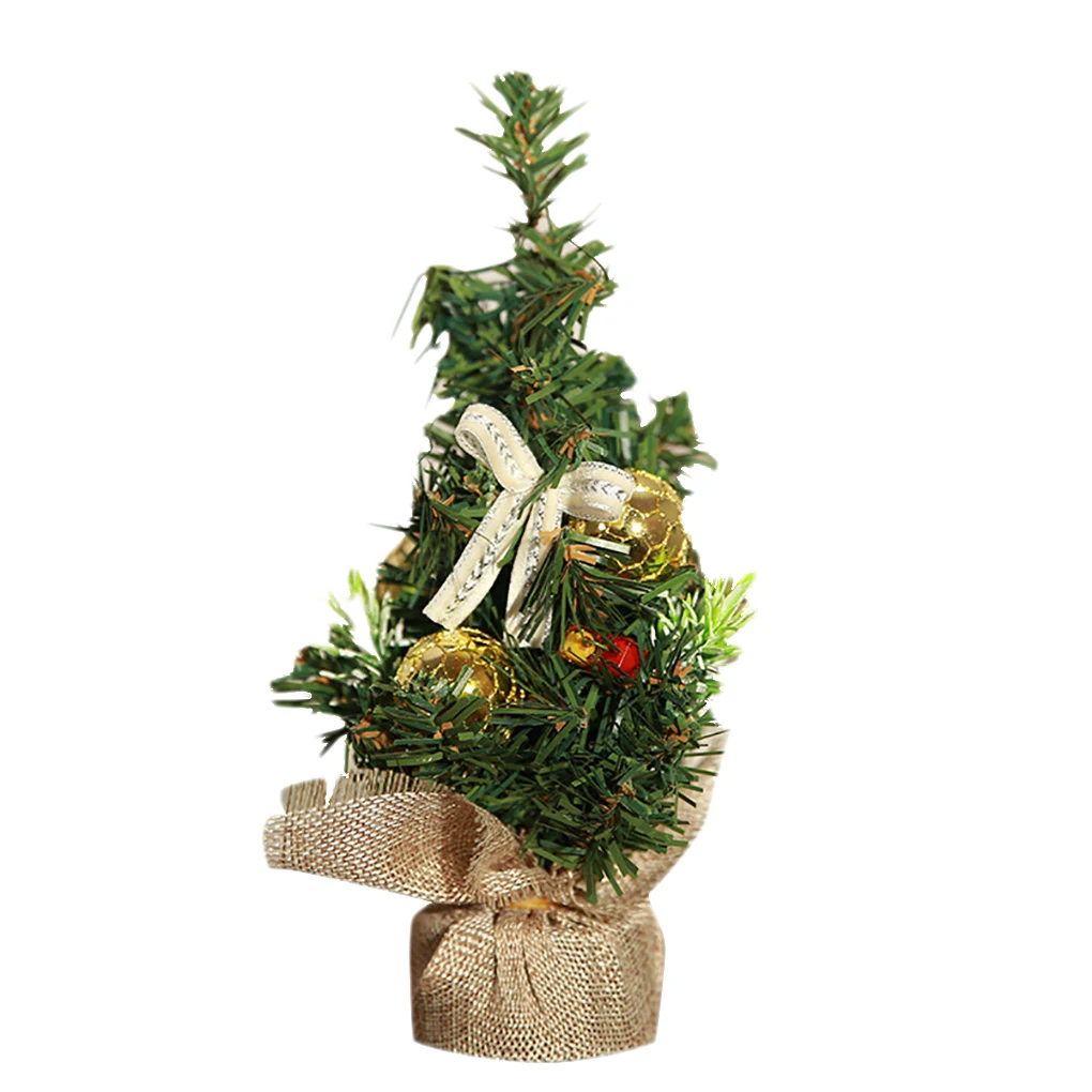 Cloth Ribbon Jingle Bell Christmas Pine Tree Desk Small Mini Xmas Craft Decoration Home Office Show Window Ornament Gift