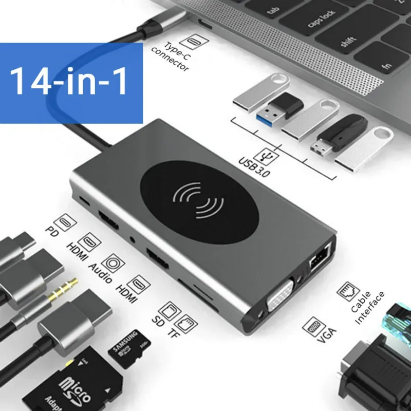 Compra Basix-Adaptador de estación de acoplamiento de concentrador de USB-C, HDMI Dual de carga inalámbrica USB 3,0, compatible con VGA de 3,5mm, Audio RJ45 para Macbookpro, 14 en 1 Jlwje9M3Ke6