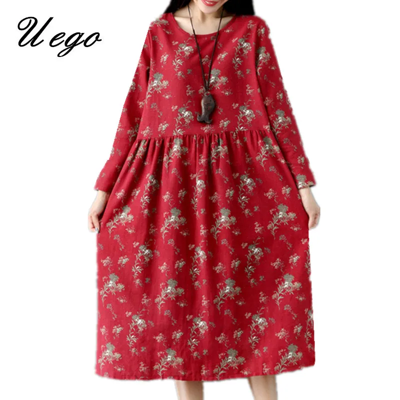 

Uego 2019 New Fashion Print Floral Vintage Dress Soft Cotton Linen Loose Women Casual Dress Plus Size Long Sleeve Autumn Dress
