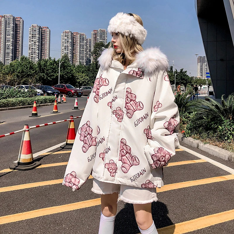 Парка с меховым воротником, толстая, рисунок с милым медведем, Harajuku, уличная Мужская ветровка с капюшоном, хип-хоп зимняя куртка, модное пальто