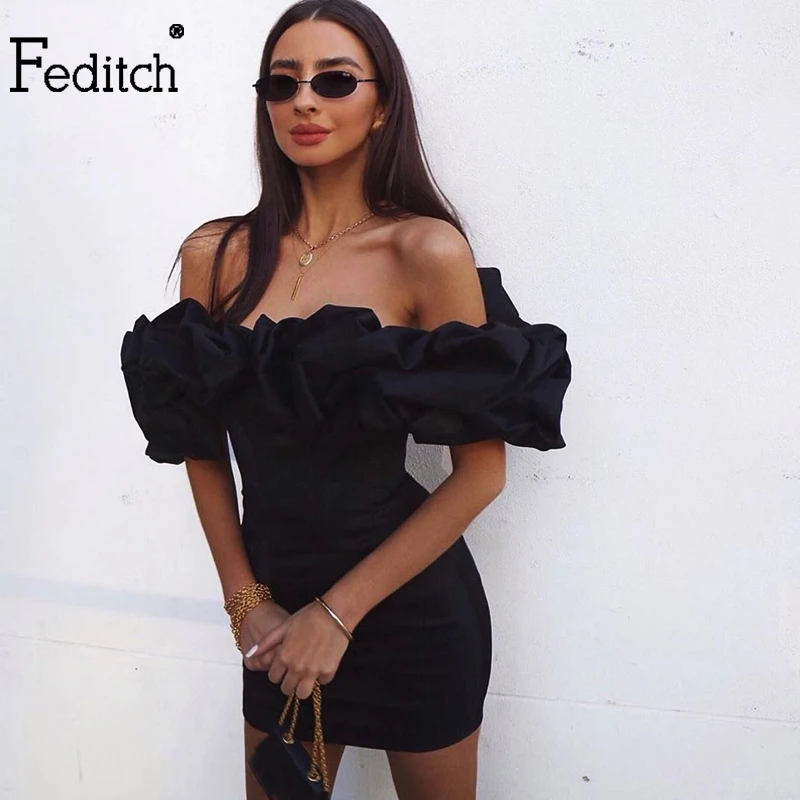 Feditch Satin Ruffles Sleeve 2020 Summer Dress Backless Strapless Bodycon White Dress Short Sexy Party Dress Nightclub Vestidos