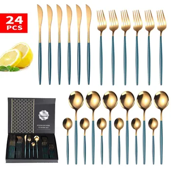 

Gold Cutlery Set 24 Piece Western Tableware Set Stainless Steel Dinnerware Sets Knife Fork Spoon Set Cutlery Box Dropshipping