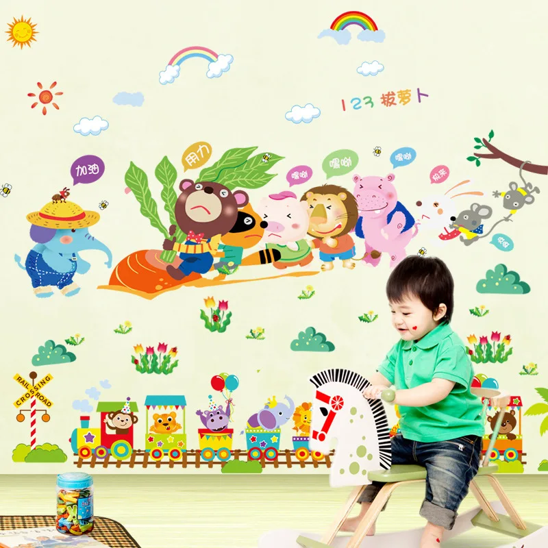Cartoon Animal Decorative Stickers Kindergarten Wall Stickers Children Room Decoration Living Room Background Adhesive Paper Sel