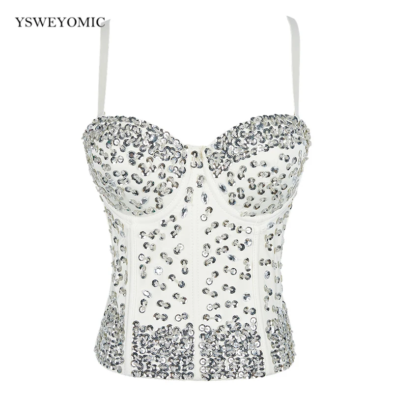 

Cropped Top Vest Women Sexy Rhinestone Beading Top White Sleeveless Bustier Tops Club Party Corset Long Vest Rave Festival Top