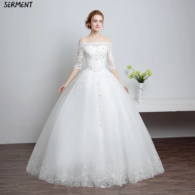 

SERMENT Elegant Long Sleeve Floral Print Wedding Dress Lacework Floor-Length Suitable for Garden Church Beach Wedding Plus Size