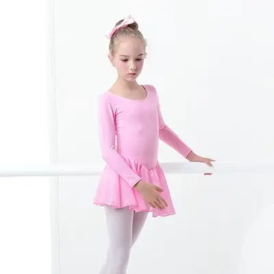 pink long sleeve Балетное платье с круглым вырезом для танцев; шифоновые танцевальные юбки для девочек; детская розовая, ярко-розовая, Лавандовая балетная одежда; Одежда для танцев - Цвет: pink long sleeve