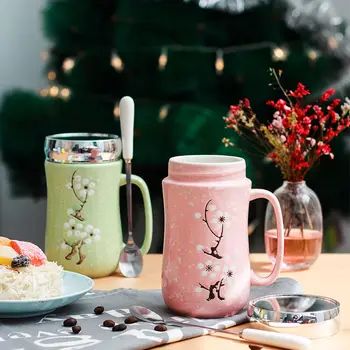 

Household Mug Ceramic Cup Drinking Cup Couple Cup with Mirror Cover Mug Ceramic Glaze Color 450ML Large Capacity Office Cup