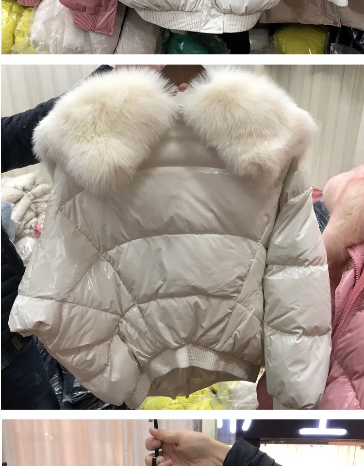 Пуховик женский, яркий, короткий,, корейский стиль, свободный, белый, утиный пух, большой размер, Лисий мех, воротник, пальто