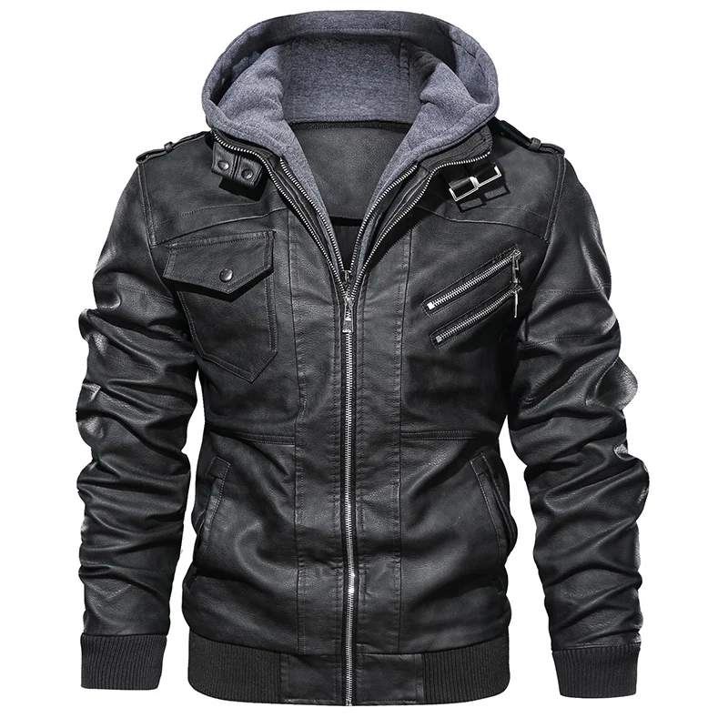 Мужская мотоциклетная куртка из ПУ кожи пальто с капюшоном верхняя одежда европейские размеры куртки Прямая