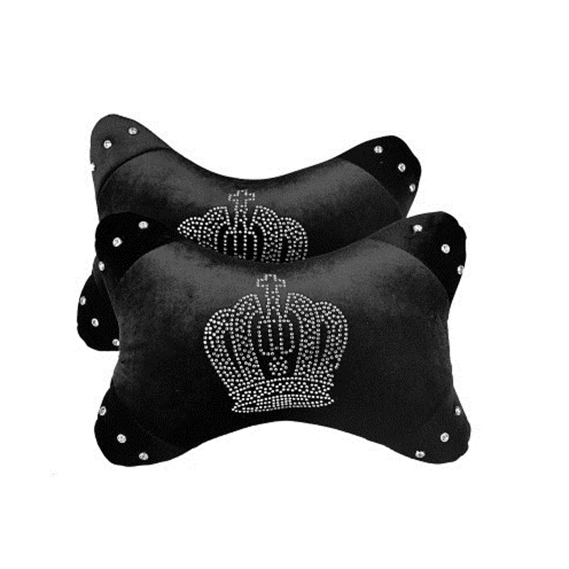 eing 2PCS Plush Car Neck Pillow with Bling Rhinestones Crown Universal Bone-Shaped Vehicle Headrest Cushion for Women Girls,Black 