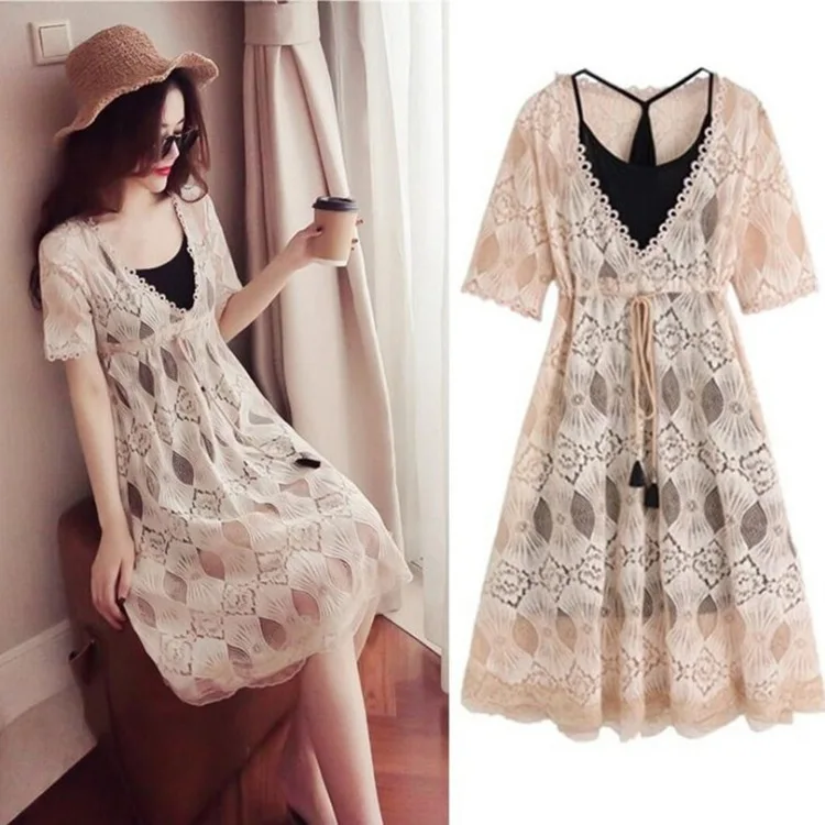 

Fat Mm Large Size Women's 2019 Summer Wear New Style Artistic Two-Piece Set Loose Slimming V-neck Hollow out Lace Dress