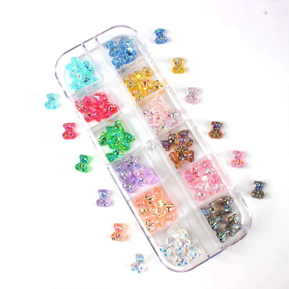 12 grid box 60Pcs 3D Cute Bear/Butterfly Resin Nail Art Decorations Aurora Rhinestone for Nails Glitter DIY Manicure Accessories | Дом и сад