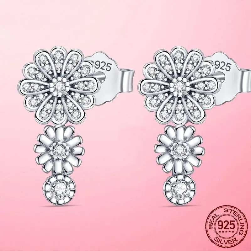 High Quality Silver Color Sparkling Daisy Flower Trio Stud Earrings For Women earring Original Fashion Jewelry | Серьги