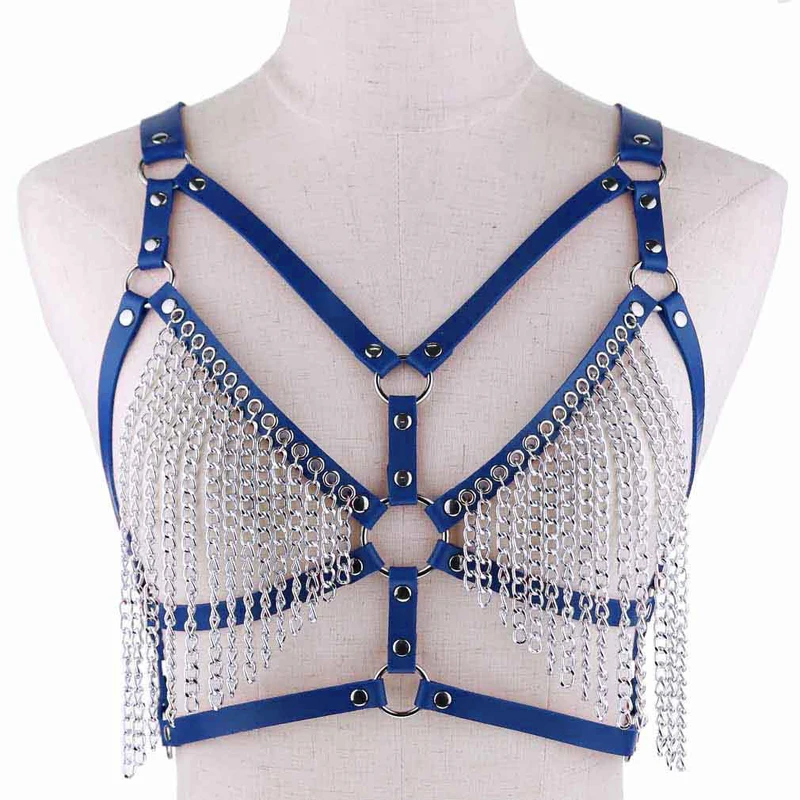 Royal Blue 16 цветов, бюстгальтер с металлическими кисточками и цепочкой, Женская майка с выемкой, топ, пояс грудной бандаж, ремни в стиле панк-рок, нижнее белье - Цвет: Royal Blue