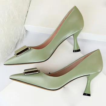 

2020 Women 7cm High Heels Blue Prom Pumps Lady Plus Size 10.5 Pointed Toe Valentine Low Heels Scarpins Yellow Green Office Shoes