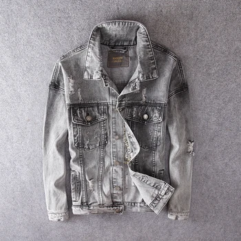 

Fashion Streetwear Men Jackets Tiger Embroidery Designer Hip Hop Jackets Men Ripped Coats Gray Color Punk Style Denim Jackets