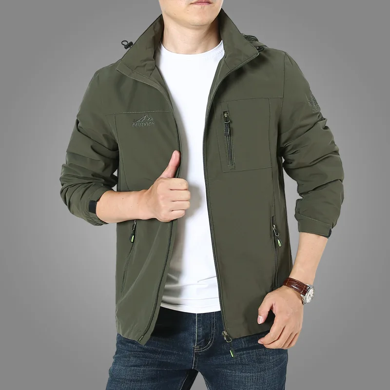 Army green Мужские куртки весна осень новая мужская куртка повседневные Путешествия тонкая ветровка пальто куртка с капюшоном верхняя одежда мужская 6XL 7XL - Цвет: Army green