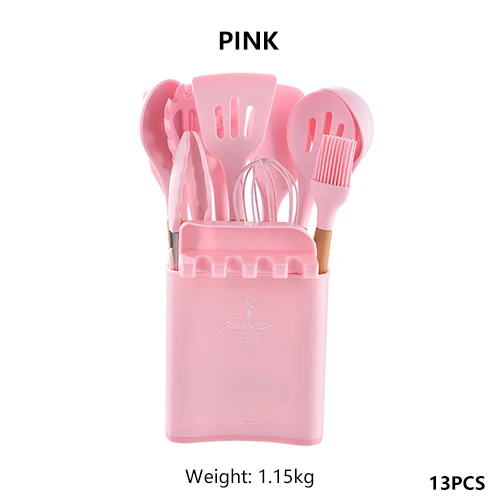 Juego de utensilios de cocina de silicona, espátula antiadherente, pala con  mango de madera, con caja de almacenamiento, accesorios de herramientas de  cocina - AliExpress