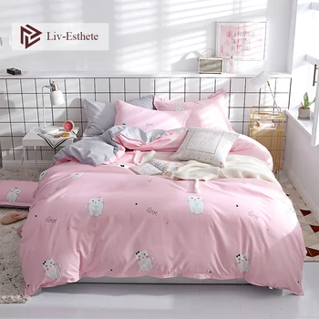 

Liv-Esthete Cute Cat Cartoon Pink Bedding Set High Quality Soft Duvet Cover Pillowcase Bed Linen Flat Sheet For Kids Gift M