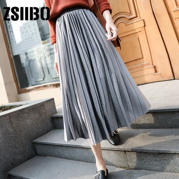 

ZSIIBO ladies fashion solid color gold velvet pleated skirt 2019 spring high waist elastic casual skirt