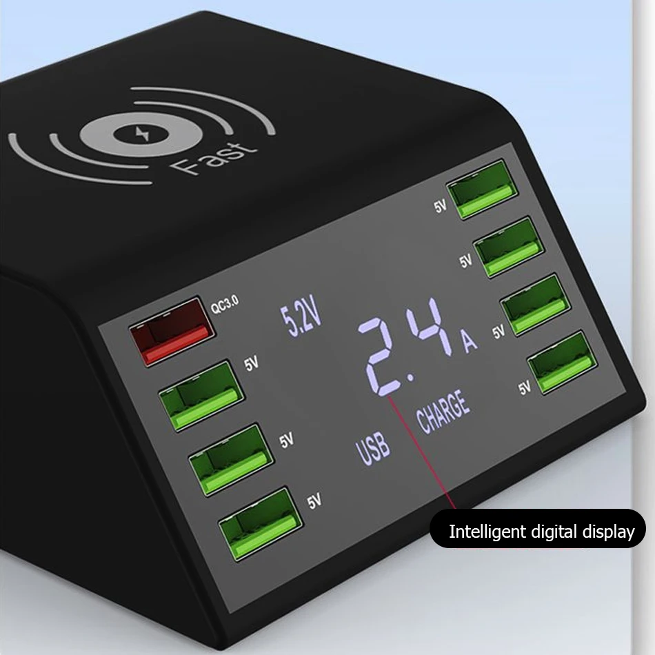 8 Port High quality Multi Lcd USB Qi Wireless Charger Quick Charge 3.0 Fast Charger For Iphone X 8 Plus Samsung Xiaomi